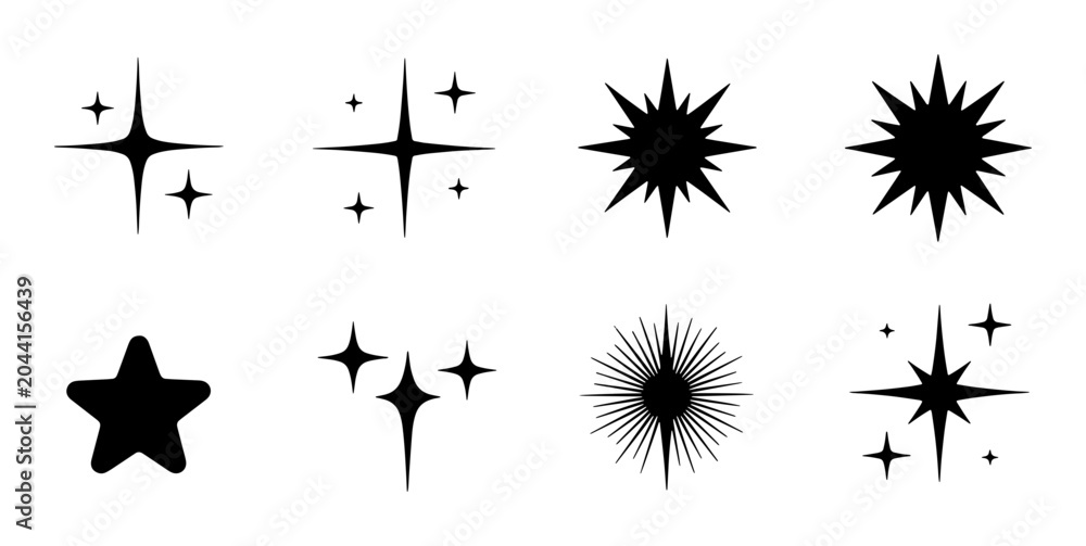 Obraz premium Sparkle Starburst Icons Set, Black Glittering Emblems, Festive Shiny Accents, Vector Graphic Elements for Celebration and Design