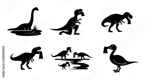 Bild auf Leinwand Dinosaur Silhouettes Vector Set: Tyrannosaurus Rex, Brontosaurus, and Duck Icons