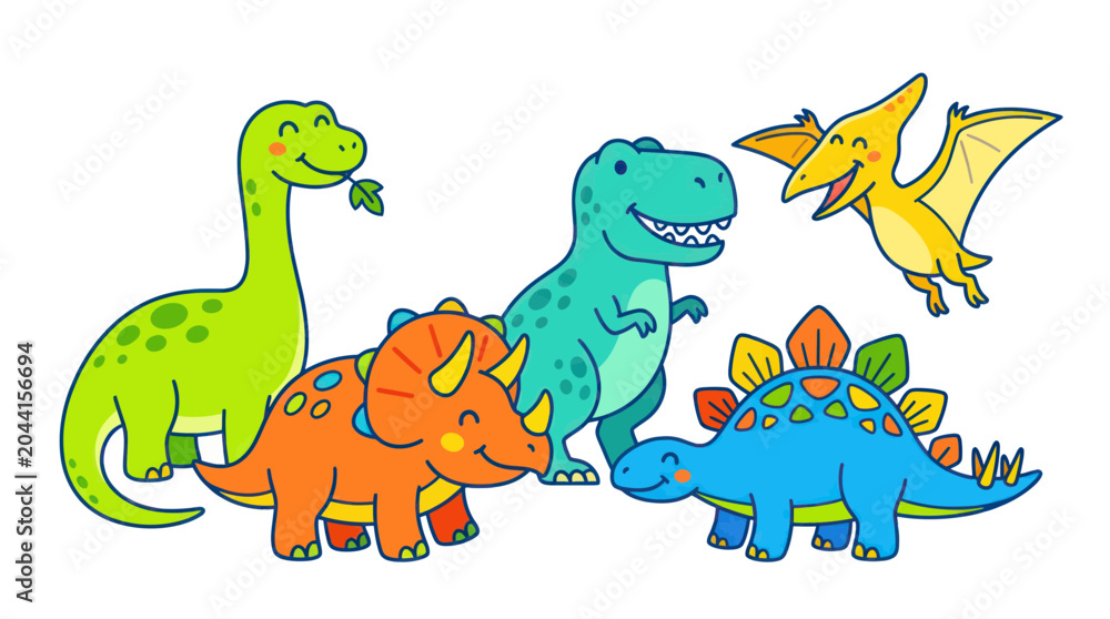 Fototapeta premium Cute Cartoon Dinosaurs Group - Kids Illustration