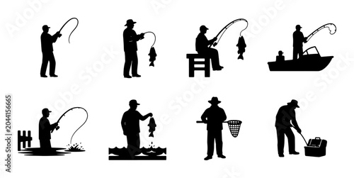 Bild auf Leinwand Fishing Silhouettes Collection: Angler Activities, Boat Fishing, Catching Fish,