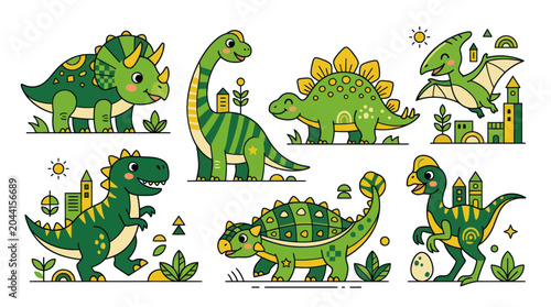 Photos Cute Cartoon Dinosaurs Collection: Triceratops, Brontosaurus, Pterodactyl