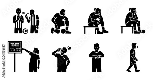 Cuadro en lienzo Soccer Player Emotions and Referee Actions, Set of 8 Black Icons: Frustration, D