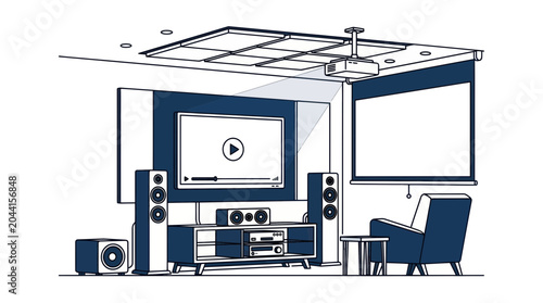 Home Theater Room Setup with Projector, Screen, Speakers, and Entertainment Center