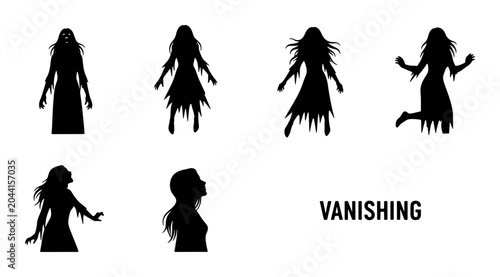 Foto Vanishing Woman Silhouettes, Ethereal Ghost Figures, Spooky Apparition Vector Se