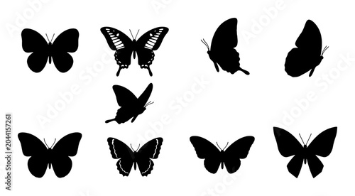 Bild auf Leinwand Black Butterfly Silhouettes, Elegant Insect Vector Icons, Delicate Winged Creatu