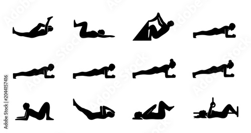 Foto Fitness Exercise Silhouettes, 12 Workout Poses Vector Set, Active Lifestyle and
