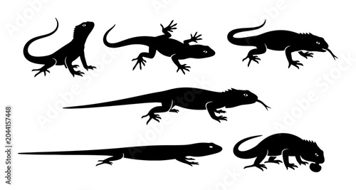 Bilde på lerret Black Silhouette Reptile Collection, Lizard and Gecko Icons, Wildlife Vector Gra