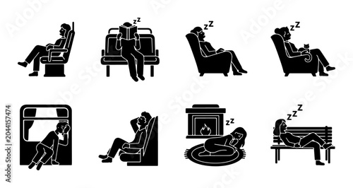 Tableau sur toile Diverse Sleep Poses Vector Icons Set, Human Rest and Relaxation Silhouettes, Nig
