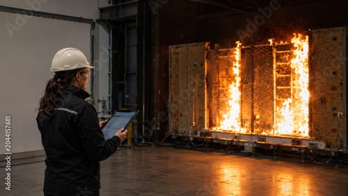 Fire testing in a controlled environment with a technician monitoring the flames using a tablet in an industrial facility