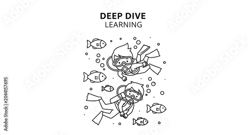 Bilde på lerret Line art illustration of two scuba divers swimming underwater with fish and bubbles