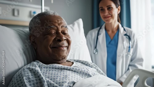 An elderly Black man smiles in a hospital bed with a female doctor standing nearby