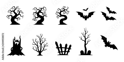 Foto Spooky Halloween Vector Icons: Gnarled Trees, Bats, and Haunted Elements for Fes