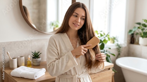 Woman brushing long hair in bathroom