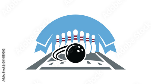 Obraz na płótnie A stylized bowling graphic featuring a black ball rolling toward a set of white pins