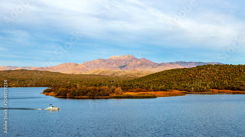 Four Peaks View from Saguaro Lake with Passing Boat