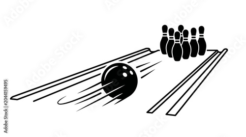 Photos A black and white illustration of a bowling ball rolling towards a set of pins on a lane