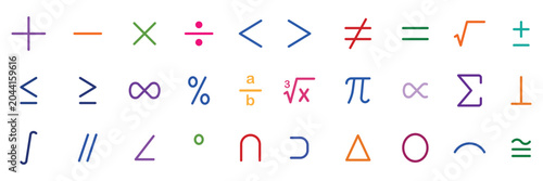 Foto Mathematical symbols set, vector illustration of arithmetic signs, geometry shapes, algebra icons and calculus notations for educational infographic