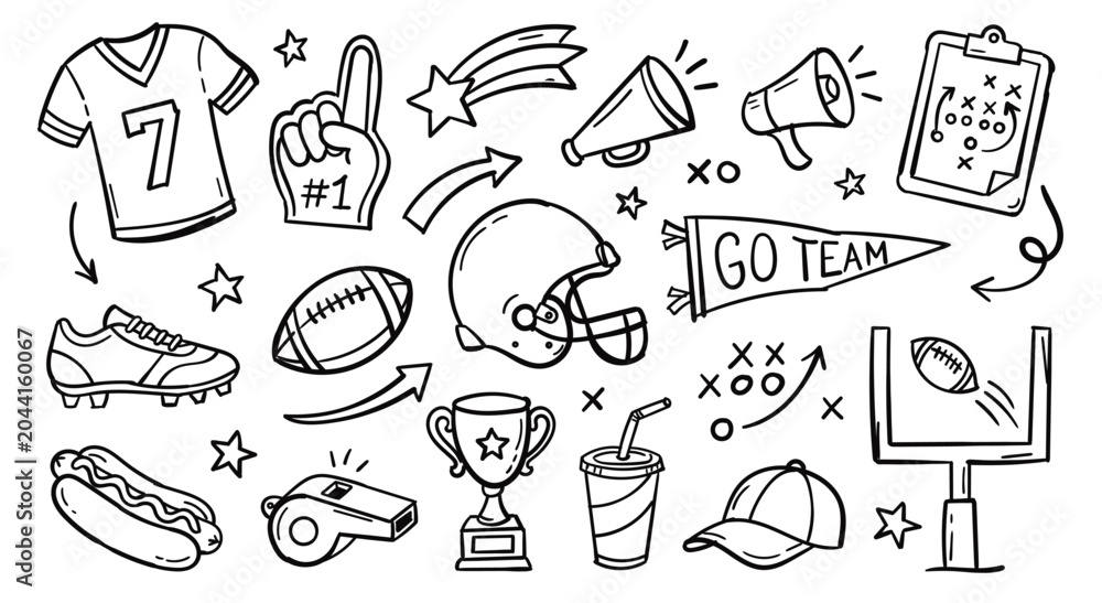 Fototapeta premium Hand drawn vector doodle set of American football elements. Features game day essentials like jersey, helmet, football, cleats, foam finger, megaphone, hot dog, and trophy. Ideal for sports events and
