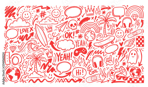Photos Hand drawn doodle pattern background with various icons and symbols like sun, pa