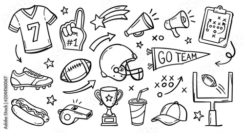 Foto Hand drawn vector doodle set of American football elements