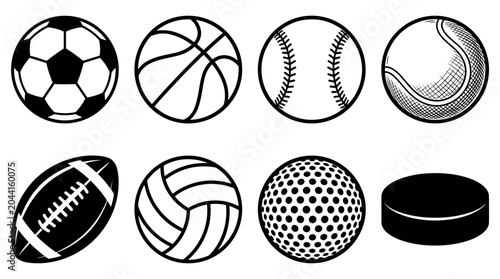 Comprehensive vector collection of eight popular sports balls in sleek outline style, perfect for athletic designs and diverse game themes