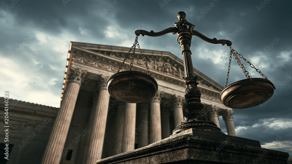 Naklejka premium Symbolic justice scales stand in front of classical courthouse building under dramatic cloudy sky
