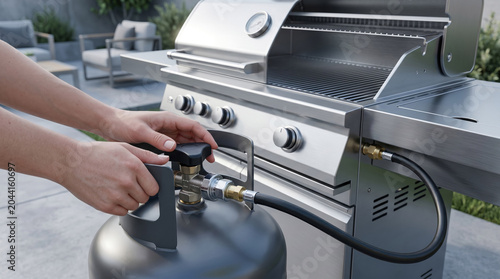 Person connecting a propane gas tank to a modern stainless steel outdoor grill
