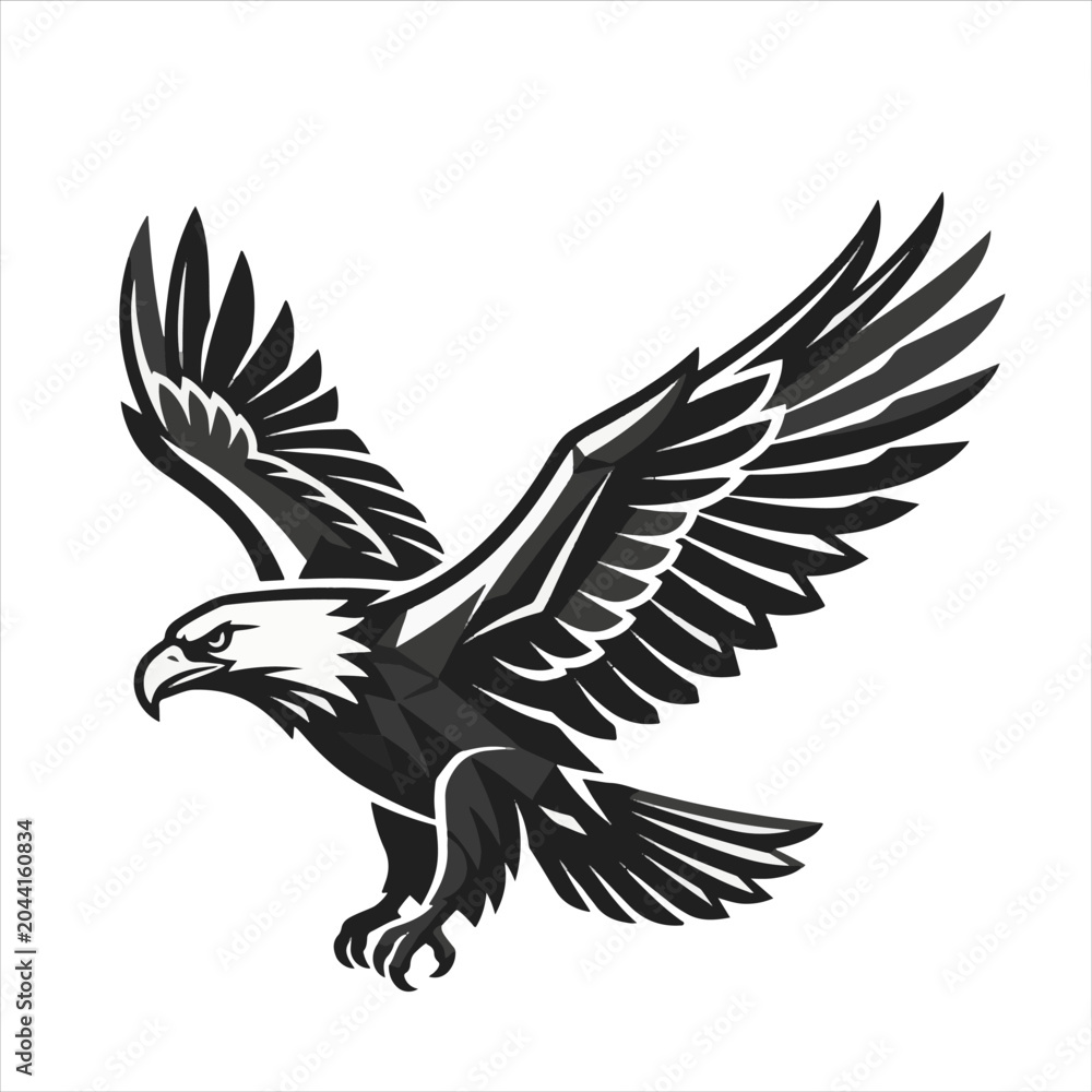 Fototapeta premium Flying Eagle with Spread Wings Black and White Silhouette Vector Illustration