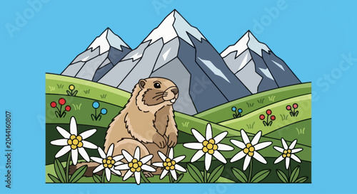 Fotografie Alpine marmot in a meadow with edelweiss flowers and snowy mountains background, cartoon style