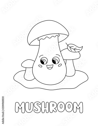Letter M. Mushrooms. Learning ABC coloring page for kids. Black and white hand drawn vector illustration for children. Cute outline drawing and text for coloring. Preschool, kindergarten activity