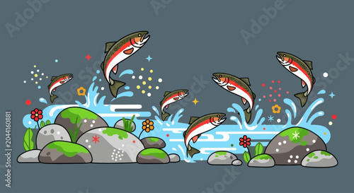 Vector illustration of salmon jumping in a stream surrounded by rocks and flowers