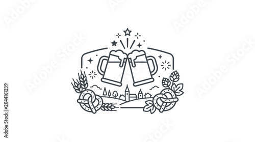 Foto Line art illustration of two clinking beer mugs with pretzels and wheat stalks