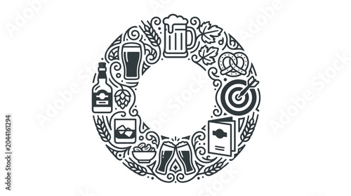 Foto Circular frame design featuring various pub and bar related icons in a vintage style