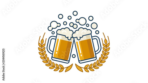 Tableau sur toile Two clinking beer mugs with wheat stalks illustration.