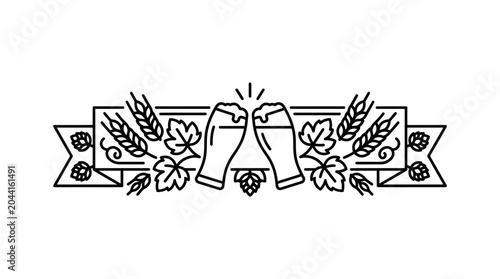 Obraz na plátně Minimalist line art illustration of two beer glasses clinking together with wheat and hops