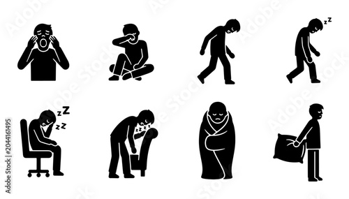 Fotografia Vector Icon Set: Exhaustion, Fatigue, and Sleepiness Depicting Human States of T