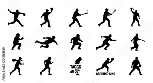 Fotografie Baseball Player Silhouettes Collection: Action Poses, Pitcher, Batter, Fielder,