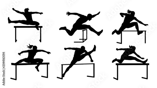 Foto Hurdle Race Silhouettes, Athletic Sprinters Jumping Over Obstacles, Track and Fi