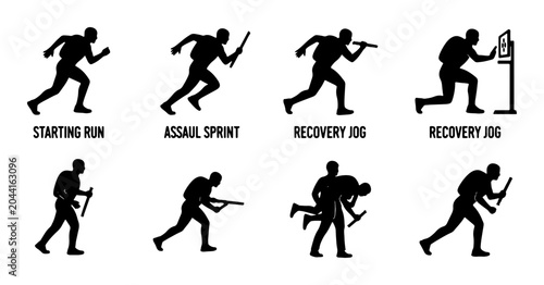 Foto Military Fitness Icons Set: Soldier Training, Combat Movement, Soldier Silhouett