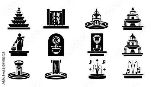 Bild auf Leinwand Vector Icons Set: Diverse Fountain Designs, Water Features, Garden Elements, Arc