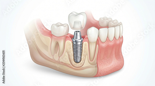 Medical cross section illustration of a dental implant in human jawbone