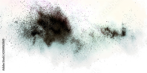 Canvastavla Dark dust cloud exploding with white background, dark particles dispersed and scattered in the air, abstract motion effect