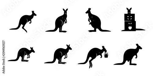 Foto Kangaroo Silhouette Collection, Australian Wildlife Vector Icons, Marsupial Pose