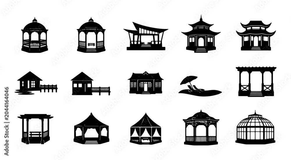 Naklejka premium Diverse Gazebo and Pavilion Silhouettes, Outdoor Structures Collection, Garden Shelter Icons, Architectural Elements Set