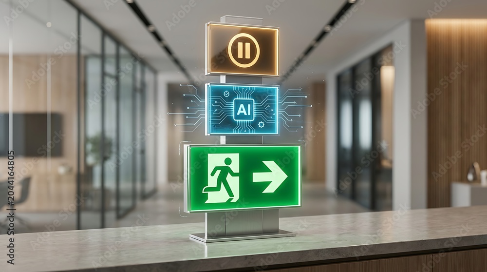 Fototapeta premium AI technology controlling building safety systems for efficient emergency evacuation and operational pauses