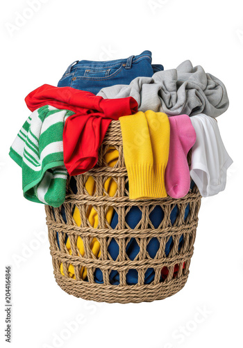 Wicker laundry basket filled with colorful clothes isolated on transparent background