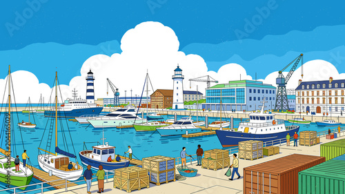 Photos A vibrant illustration of a bustling harbor filled with various boats, ships, cranes, and people engaged in loading and unloading cargo under a clear blue sky