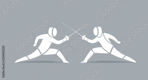Fotografie Two fencers dueling with swords, depicted in a clean, modern graphic style on a neutral background