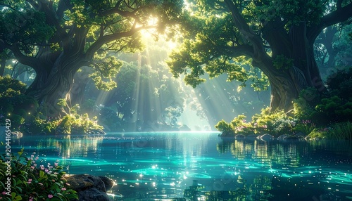 木漏れ日が差し込む神秘的な森の湖と幻想的な自然風景
