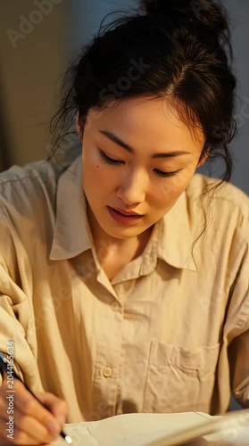 She writes intensely in the notebook, pen moving fluidly across the page, subtle head movements and natural breathing, focused and realistic motion